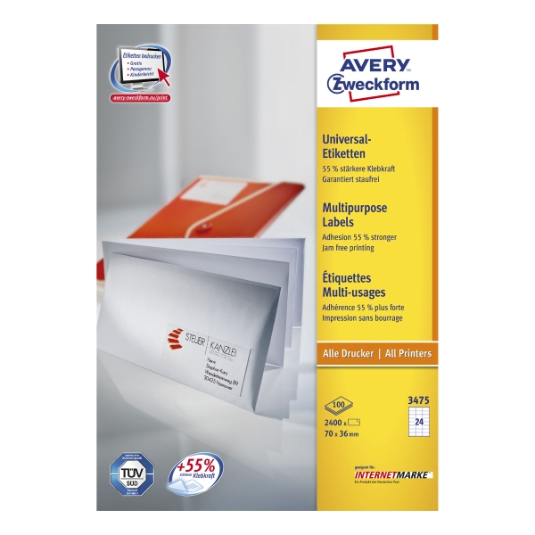 Avery 3475 multipurpose labels 70x36mm - box of 2400