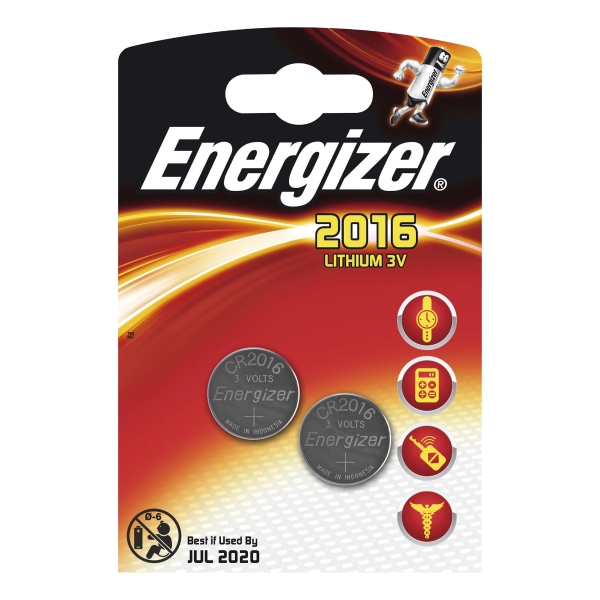 Batterie Energizer 626986, Knopfzelle, CR2016, 3 Volt, Lithium, 2 Stück