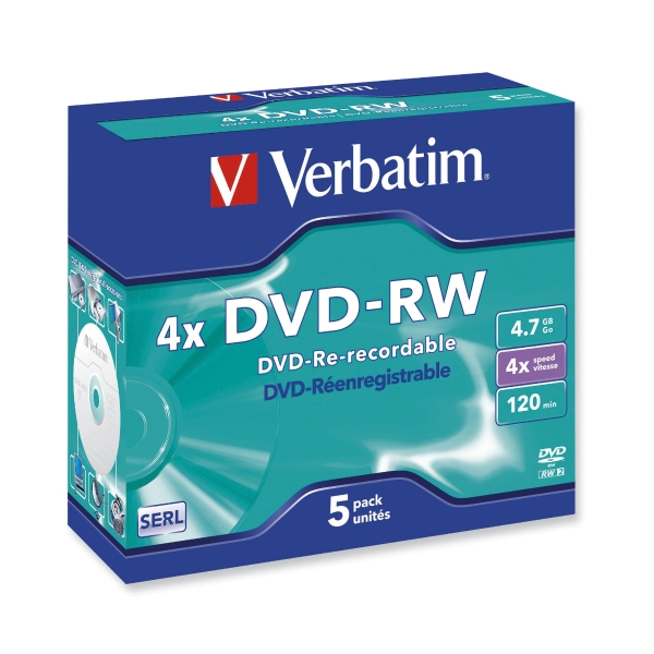 Verbatim DVD-RW 4.7GB 1-4x speed ReWritable jewel case - pack of 5