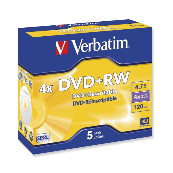 Verbatim DVD+RW 4.7GB 1-4x speed ReWritable jewel case - pack of 5