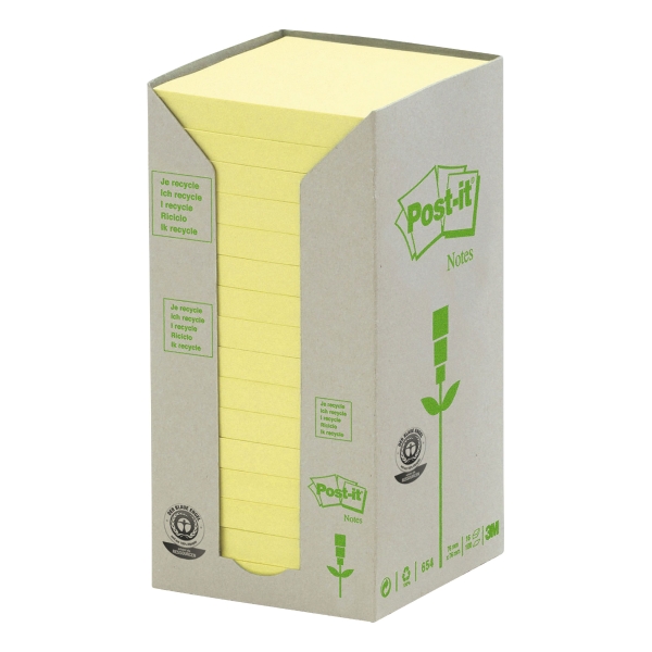 Post-it 654YRT recycled notes 76x76 mm light yellow - pack of 16