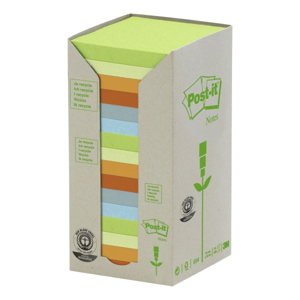 Post-it 654PRT recycled notes 76x76 mm rainbow colours - pack of 16.