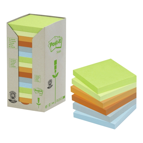 Post-it 654PRT recycled notes 76x76 mm rainbow colours - pack of 16.