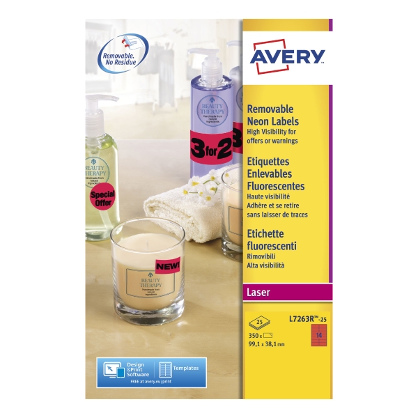 Avery L7263R fluorescerende etiketten 99,1x38,2mm rood - doos van 350