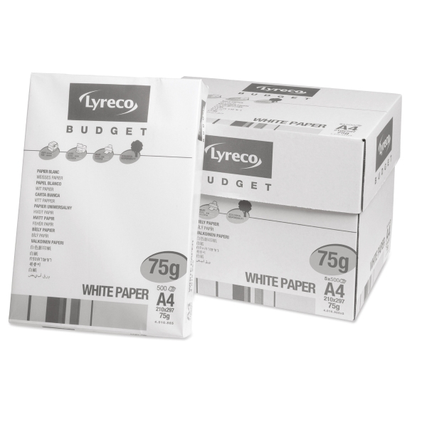 Caixa 5 pacotes 500 folhas papel LYRECO BUDGET A4 75g/m2 branco