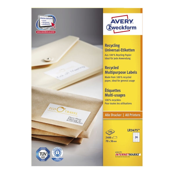 Avery LR3475 etiketten recycled 70x36mm - doos van 2400