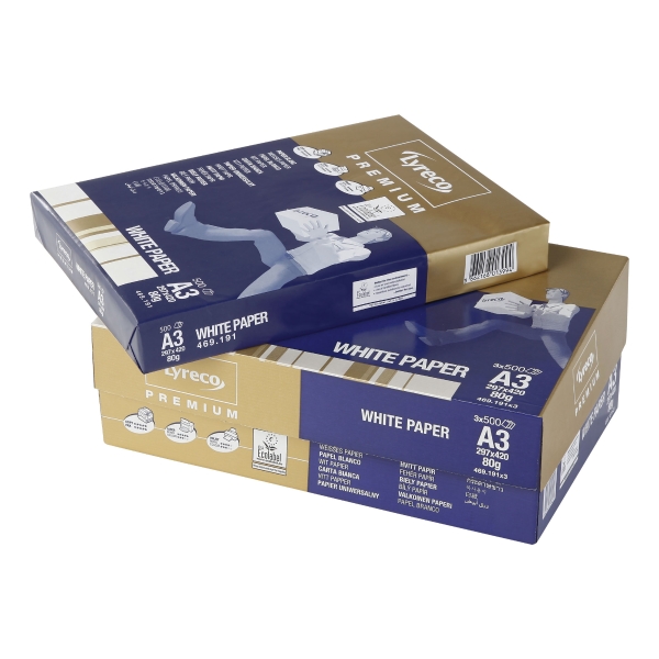 Lyreco Premium white paper A3 80g - 1 box = 3 reams of 500 sheets