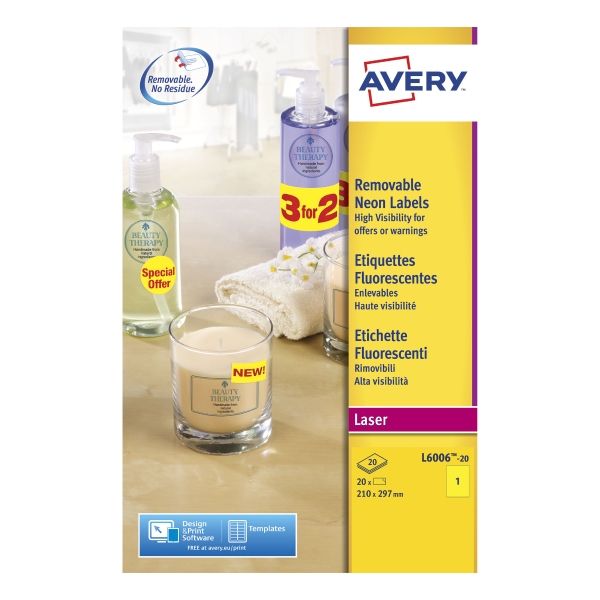 AVERY L6006 HIGH VISIBILITY & PROMOTIONAL LABELS A4 FLUORESCENT YELLOW-BOX OF 20