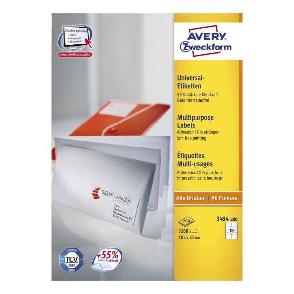 Avery 3484 multifunctionele etiketten 105x37mm - doos van 3200