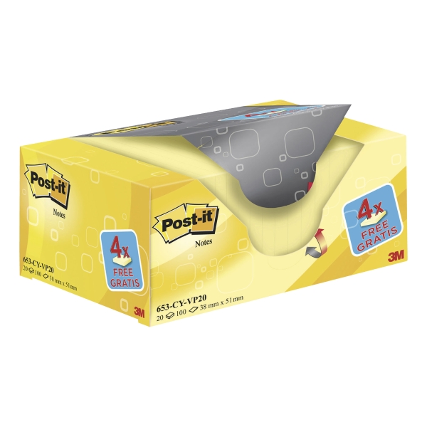 Pack 16+4 Blocos 100 notas adesivas Post-it cor amarelo Dimensões 38x51mm