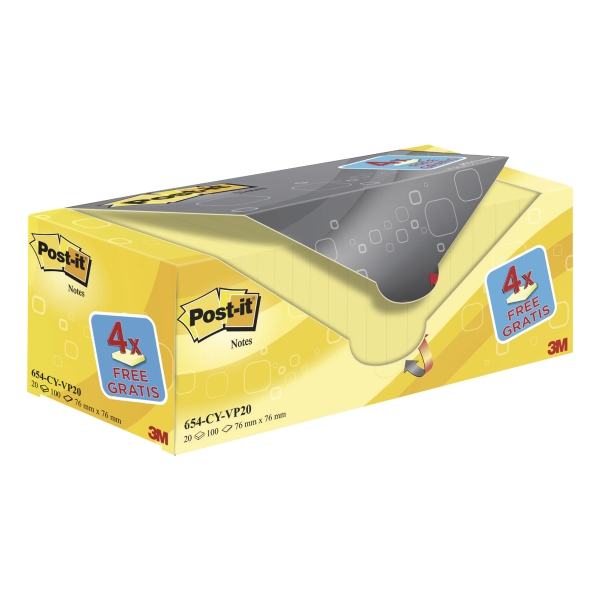 Pack 16+4 Blocos 100 notas adesivas Post-it cor amarelo Dimensões 76x76mm