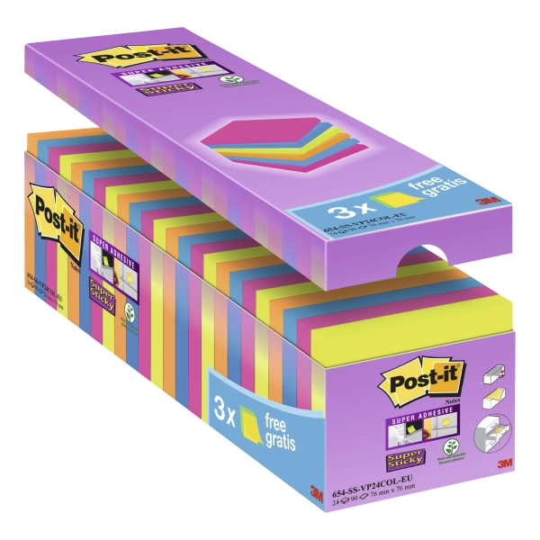 Post-It Super Sticky Notes 76x76mm Asst - Pack Of 24