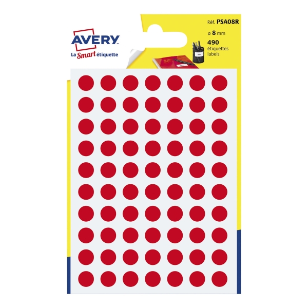 PK490 AVERY PSA08R DOT LABELS DIA8MM RED