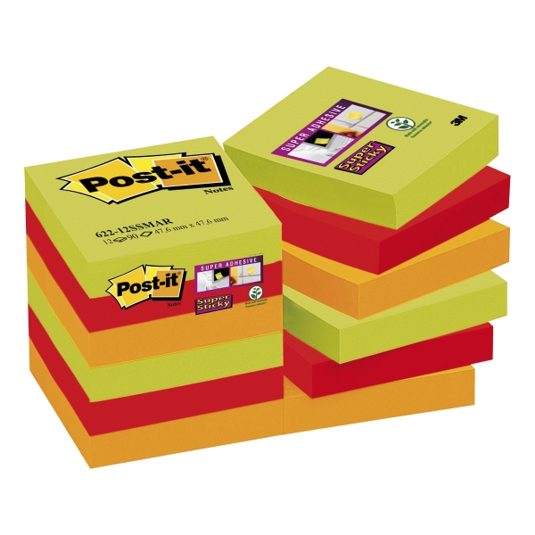 3M Post-it® 621 Super Sticky öntap.j.tömb 47,6x47,6mm, színes, 12 tömb/90 lap