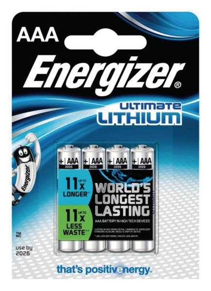 Energizer LR3/AAA Lithium batterijen voor MP3/4 spelers - pak van 4