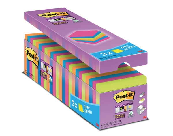 Post-it Value Pack Super Sticky notes 76x76mm heldere kleuren  - pak van 24