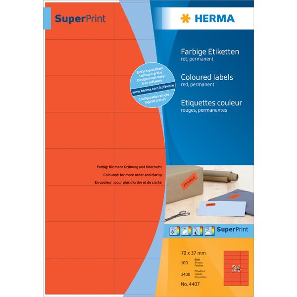 Herma 4407 coloured labels 70x37mm red - box of 2400