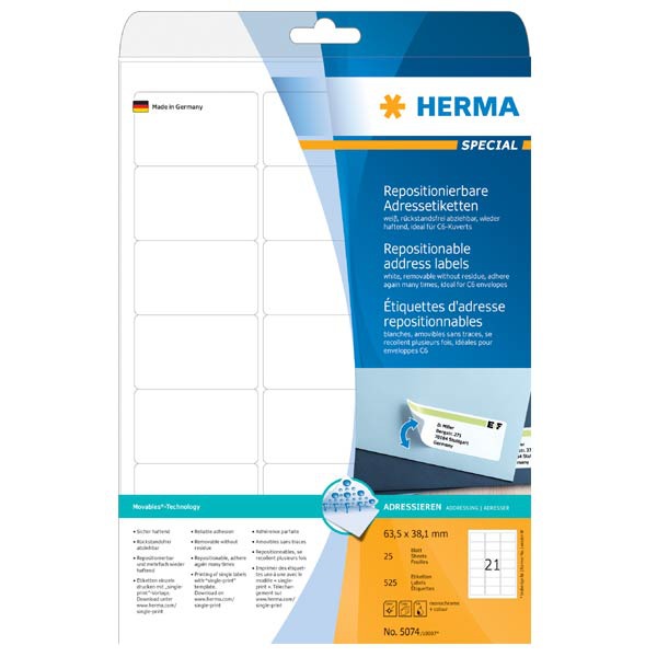 Herma 5074 herpositioneerbare etiketten 63,5x38,1mm - doos van 525