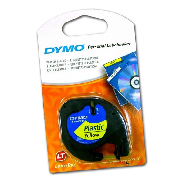 Dymo Letratag 91202 etiketteerlint/tape plastic 12mm zwart/geel