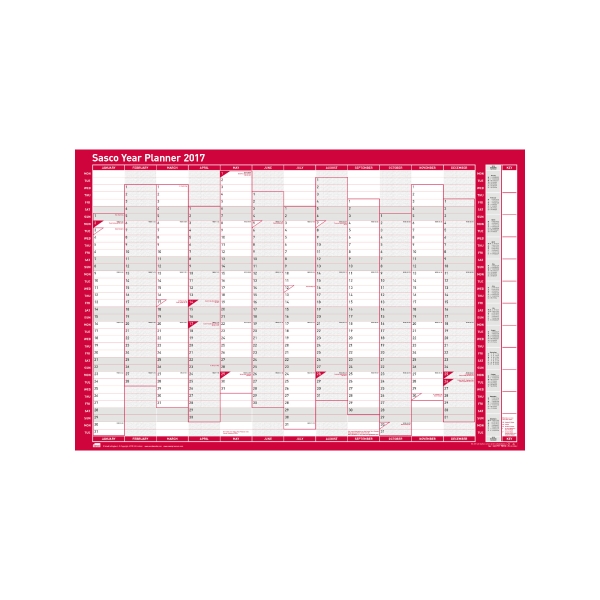 SASCO UNMOUNTED VERTICAL YEAR PLANNER - 915 X 610MM