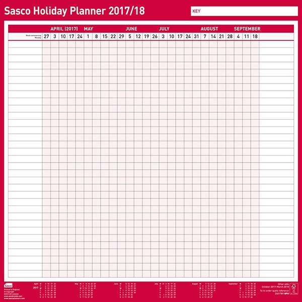 SASCO UNMOUNTED ANNUAL HOLIDAY PLANNER - 420 X 420MM