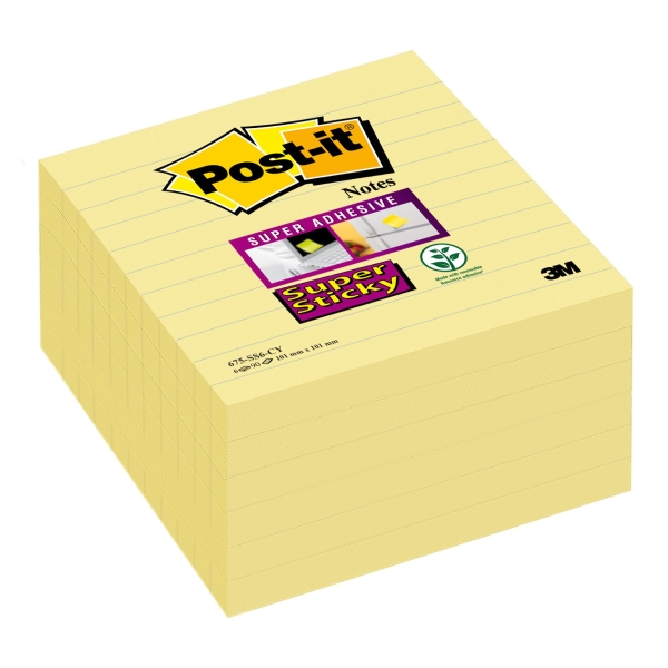 Post-It Super Sticky Notes Lined 101x101mm Yellow - Pack Of 6