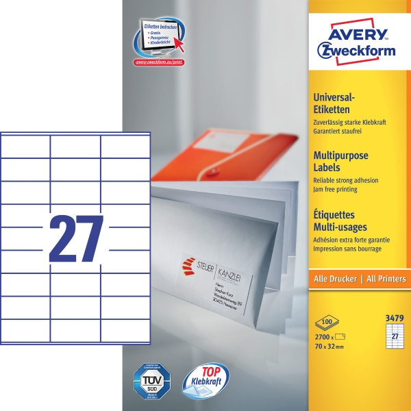 Univerzální etikety Avery Zweckform, 70 x 32 mm, model 3479, 2700 kusů