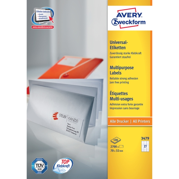 Univerzální etikety Avery Zweckform, 70 x 32 mm, model 3479, 2700 kusů