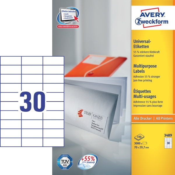 Univerzální etikety Avery Zweckform 70 x 29,7 mm, bílé, 30 etiket na listu