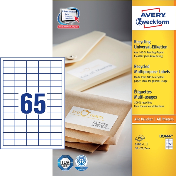 Recyklované univerzální etikety Avery Zweckform, 38 x 21,2 mm, 6500 etiket