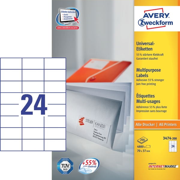 Univerzální etikety Avery Zweckform, 70 x 37 mm, model 3474-200, 4800 kusů