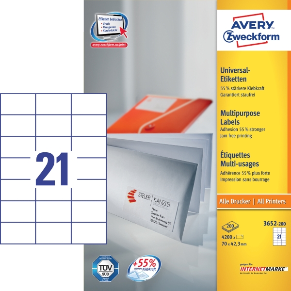 Univerzální etikety Avery Zweckform, 70 x 42,3mm, model 3652-200, 4200 kusů