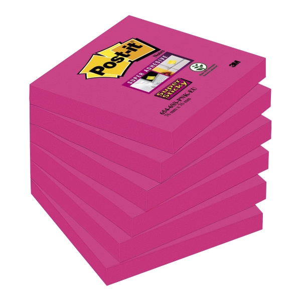 3M Post-it# 654 Super Sticky blo?ky 76x76 mm, fuchsiov#, bal. 6 blo?k/90 l#st