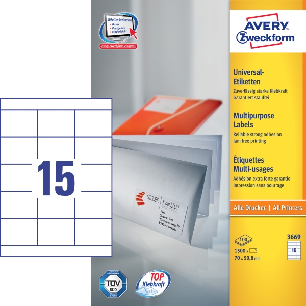 Avery Zweckform Universaletiketten, 70 x 50,8 mm, 15 Etiketten per Blatt