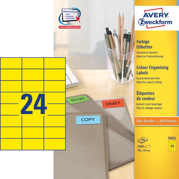 Etiketten Avery 3451, 70 x 37mm, gelb, 2400 Stück