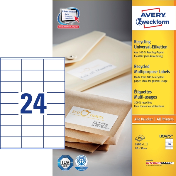 Etiketten Averry Zweckform LR3475, 70 x 36mm, naturweiß, 2400 Stück