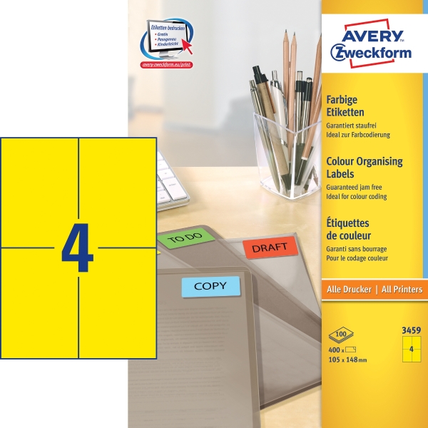 Žlté etikety Avery, 3459, 105 x 148 mm, 400 etikiet/balenie