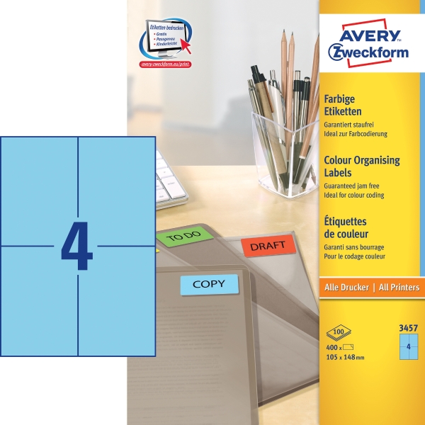 Avery 3457 kék univerzális etikettek 105 x 148 mm, 4 etikett/ív, 100 ív/csomag