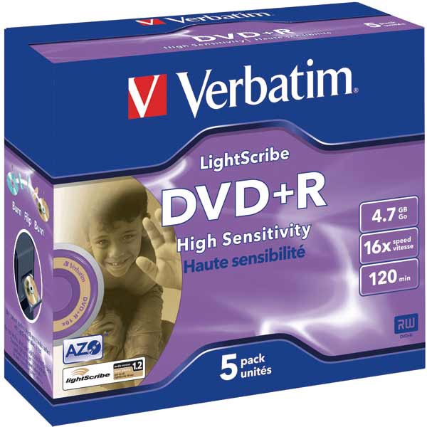 Verbatim DVD+R 4,7gb 16x lightscribe, jewel case 5 kpl