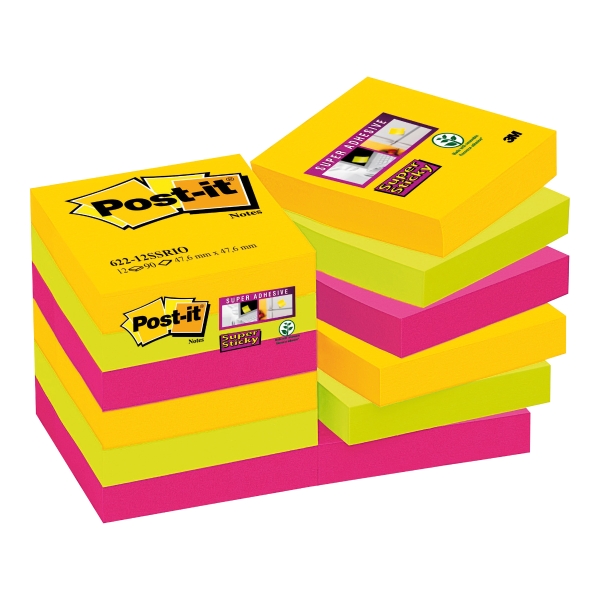 Post-It Super Sticky viestilappu Carnival 47,6x47,6mm, 1 kpl=12 nidettä