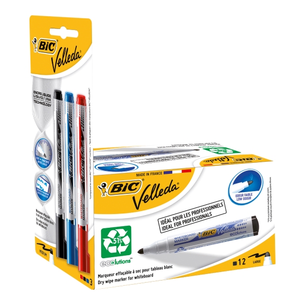 Bic velleda 1701 valkotaulukynä musta, myyntierä 1 kpl = 12 kynää + 3 liquid ink